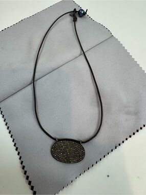 Pavé Oval Pendant Leather Cord Necklace - Brown